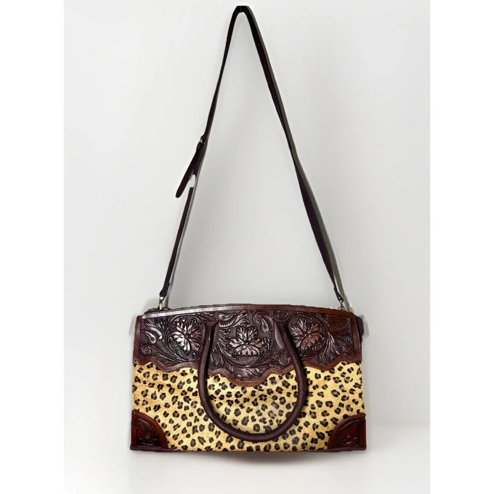 AD American Darling Duffel Satchel Leopard Calfskin Leather Bag Hand Tooled EUC